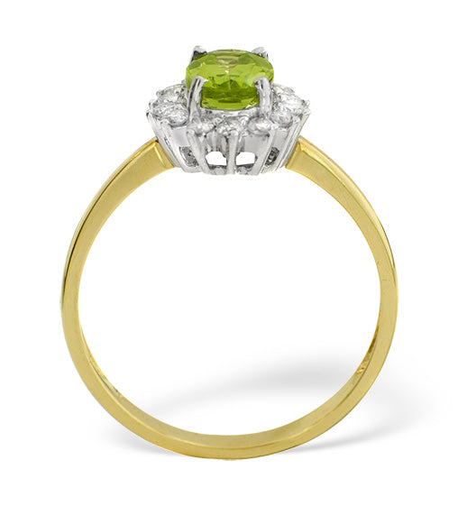 Peridot 7 x 5mm And Diamond 9K Yellow Gold Ring